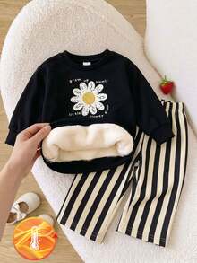 SHEIN 2Pcs Toddler Girl Top Pants Set Cute Black White Daisy Flower Striped Long Sleeve Round Neck Regular Party Fall Holiday Pullover - Light Grey - View 1