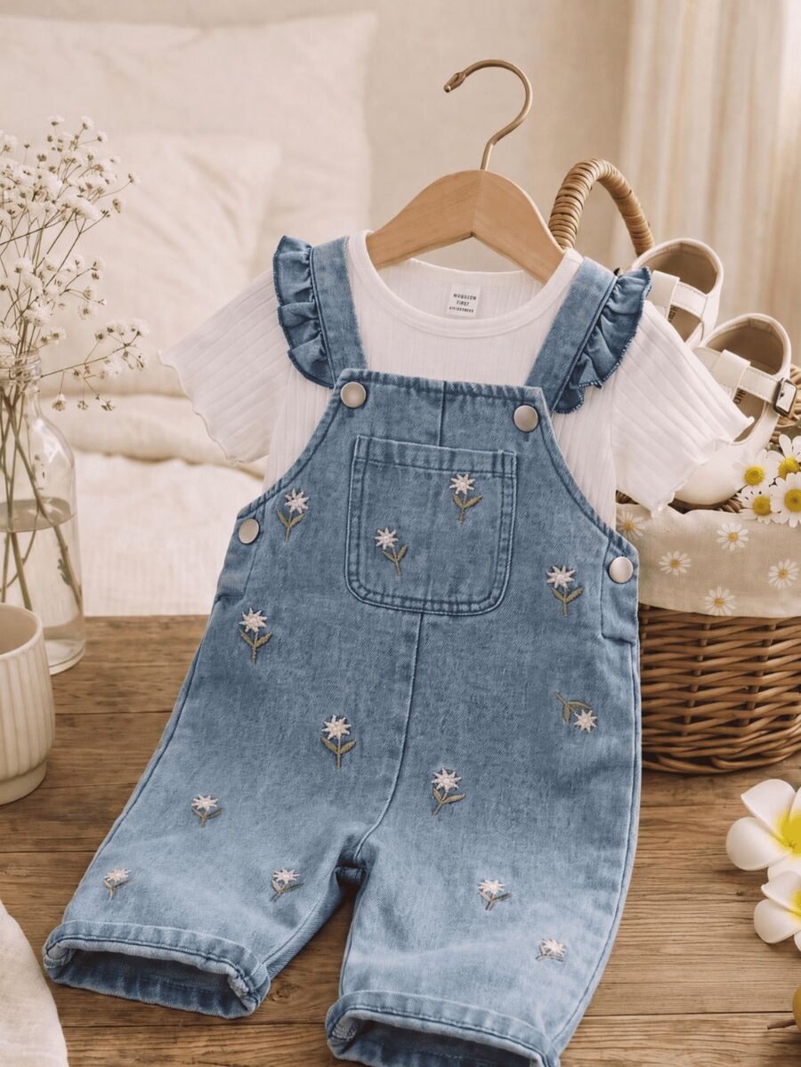 Vintaside Kids SHEIN 女嬰 2 件套休閒可愛雛菊花卉刺繡荷葉邊牛仔吊帶褲與短袖羅紋 T 恤套裝