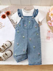 Vintaside Kids SHEIN 女嬰 2 件套休閒可愛雛菊花卉刺繡荷葉邊牛仔吊帶褲與短袖羅紋 T 恤套裝 - 彩色 - 查看 6