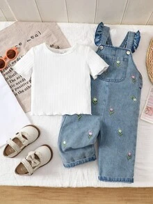 Vintaside Kids SHEIN 女嬰 2 件套休閒可愛雛菊花卉刺繡荷葉邊牛仔吊帶褲與短袖羅紋 T 恤套裝 - 彩色 - 查看 9