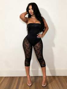 BamGleam Black Lace Bustier Sheer Mesh Jacquard Slim Fit Midi Jumpsuit - Black - View 5