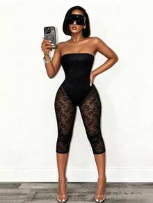BamGleam Black Lace Bustier Sheer Mesh Jacquard Slim Fit Midi Jumpsuit - Black - View 4