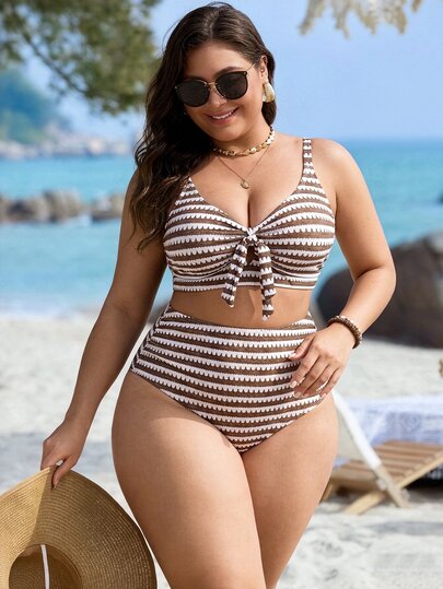 SHEIN Swim Plus Size Women 2 Pieces Brown Twist V-Neck High Waist Bikini Swimsuit Beach Vacation Summer 1960s 1920s Flapper Boho Sexy Elegant Leisure