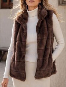 Faunlyn Women's Vintage Casual Elegant Zipper Faux Fur Vest Jacket Fashion Everyday Going Out Shades Of Brown Winter - Brown - View 3