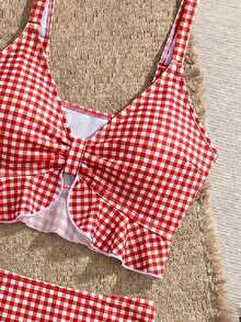 SHEIN Swim Women's Summer Beach Holiday Plaid Ruffle Trim Camisole Bikini - Red and White - View 5