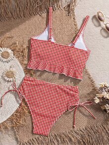 SHEIN Swim Women's Summer Beach Holiday Plaid Ruffle Trim Camisole Bikini - Red and White - View 2