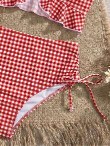SHEIN Swim Women's Summer Beach Holiday Plaid Ruffle Trim Camisole Bikini - Red and White - View 6