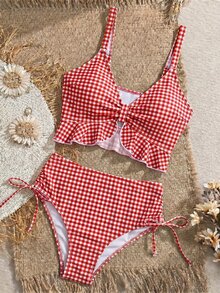 SHEIN Swim Women's Summer Beach Holiday Plaid Ruffle Trim Camisole Bikini - Red and White - View 4