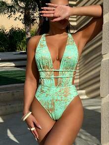 SHEIN Swim Baju Renang One Piece Kasual Wanita dengan Tali Serut dan Hiasan Emas untuk Pantai - Hijau - View 3