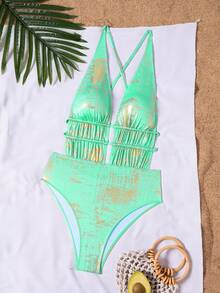 SHEIN Swim Baju Renang One Piece Kasual Wanita dengan Tali Serut dan Hiasan Emas untuk Pantai - Hijau - View 5