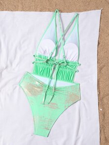 SHEIN Swim Baju Renang One Piece Kasual Wanita dengan Tali Serut dan Hiasan Emas untuk Pantai - Hijau - View 2