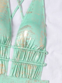 SHEIN Swim Baju Renang One Piece Kasual Wanita dengan Tali Serut dan Hiasan Emas untuk Pantai - Hijau - View 4