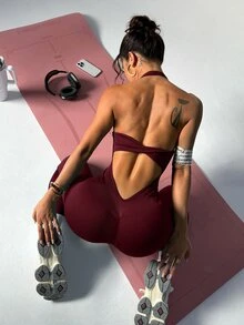 Slayform Slayform Women's Solid Backless Racerback Jumpsuit, Daily Fitness & Exercise Outfit - Burgundy - View 4