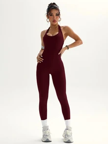 Slayform Slayform Women's Solid Backless Racerback Jumpsuit, Daily Fitness & Exercise Outfit - Burgundy - View 6