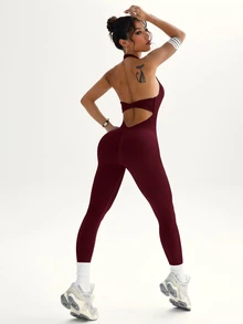 Slayform Slayform Women's Solid Backless Racerback Jumpsuit, Daily Fitness & Exercise Outfit - Burgundy - View 8