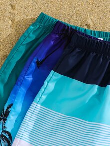 SHEIN 男嬰 3件組休閒時尚泳褲套裝 多件式泳裝 嬰兒泳衣 適合海灘度假、沙灘、泳池游泳 - 藍色 - 查看 4