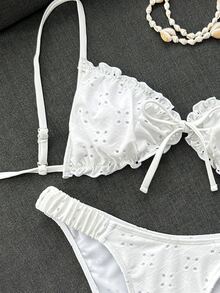 SHEIN Swim Embroidered Mesh Fabric Thin Frill Edge Pleated Front Tie Bow Waist Cute Sweet Fashionable Lively Party 2-Piece Bikini Set Set - White - View 3