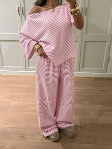 Siren Gaze 女款秋季休閒條紋不對稱領 T恤褲子兩件套 返校 外出 Y2K 基本款街頭風 健身房 萬聖節 運動 - 粉色 - 查看 3