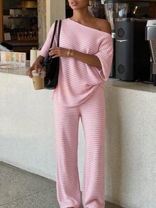 Siren Gaze 女款秋季休閒條紋不對稱領 T恤褲子兩件套 返校 外出 Y2K 基本款街頭風 健身房 萬聖節 運動 - 粉色 - 查看 2