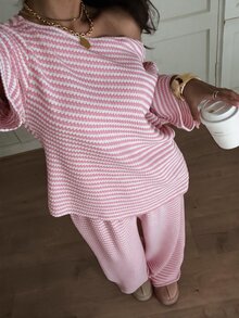 Siren Gaze 女款秋季休閒條紋不對稱領 T恤褲子兩件套 返校 外出 Y2K 基本款街頭風 健身房 萬聖節 運動 - 粉色 - 查看 6