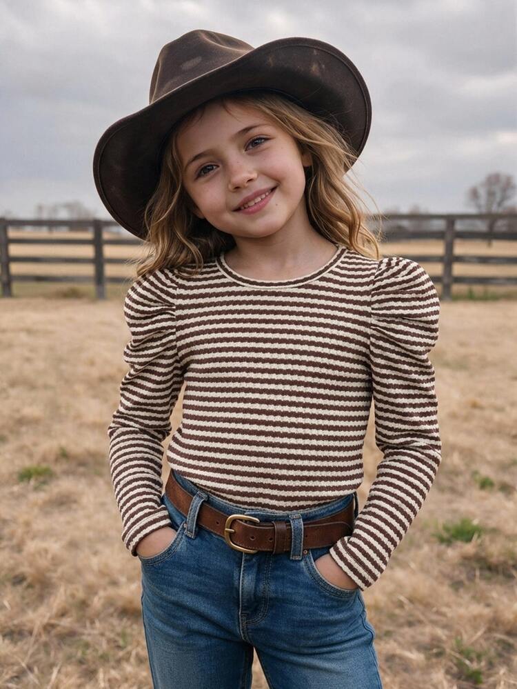 Emery Rose Kids Young Girl Young Girl Young Girl Young Girl Young Girl Striped Casual Daily Long Sleeve T-Shirt Young Girl - Coffee Brown - View 3