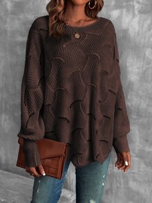 LUMIGAL Lantern Sleeve Pointelle Knit Sweater,Long Sleeve Tops Knit Pullover Fall Winter Sweater - Brown - View 3