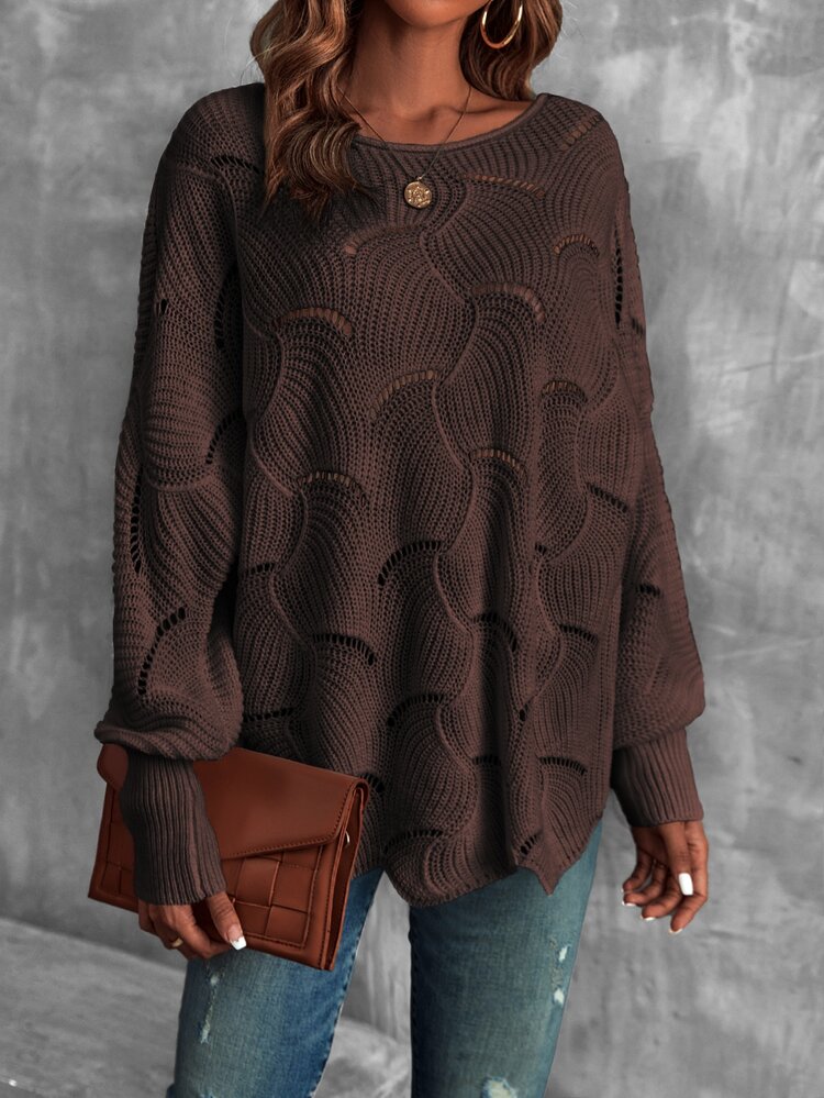 LUMIGAL Lantern Sleeve Pointelle Knit Sweater,Long Sleeve Tops Knit Pullover Fall Winter Sweater - Brown - View 3