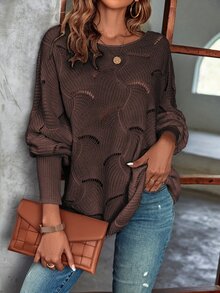 LUMIGAL Lantern Sleeve Pointelle Knit Sweater,Long Sleeve Tops Knit Pullover Fall Winter Sweater - Brown - View 6