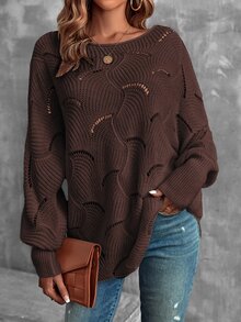 LUMIGAL Lantern Sleeve Pointelle Knit Sweater,Long Sleeve Tops Knit Pullover Fall Winter Sweater - Brown - View 7