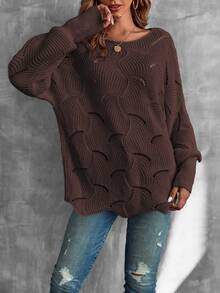 LUMIGAL Lantern Sleeve Pointelle Knit Sweater,Long Sleeve Tops Knit Pullover Fall Winter Sweater - Brown - View 4