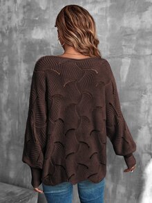 LUMIGAL Lantern Sleeve Pointelle Knit Sweater,Long Sleeve Tops Knit Pullover Fall Winter Sweater - Brown - View 2