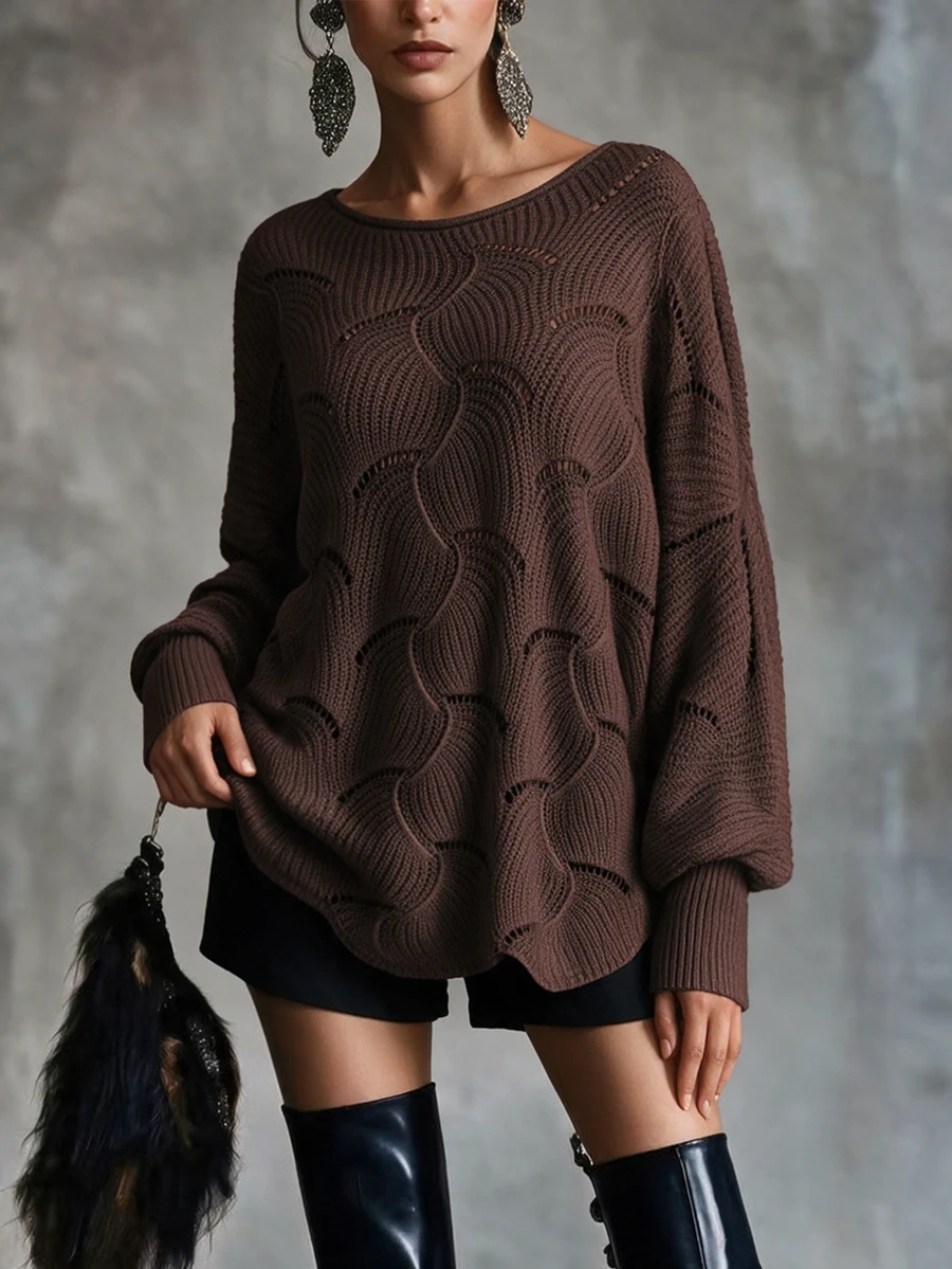 LUMIGAL Lantern Sleeve Pointelle Knit Sweater,Long Sleeve Tops Knit Pullover Fall Winter Sweater - Brown - View 1