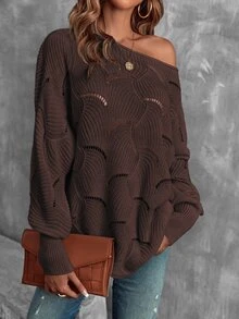 LUMIGAL Lantern Sleeve Pointelle Knit Sweater,Long Sleeve Tops Knit Pullover Fall Winter Sweater - Brown - View 8