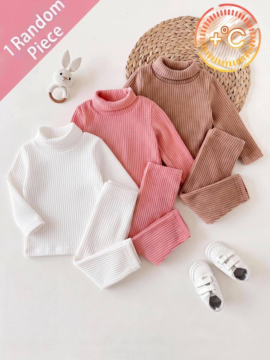 SHEIN Baby Girl Baby Boy White High Neck Ribbed Thick Elastic Pullover Top Casual Versatile Base Layer Long Pants Set Suitable For Winter - White - View 1