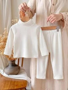 SHEIN Baby Girl Baby Boy White High Neck Ribbed Thick Elastic Pullover Top Casual Versatile Base Layer Long Pants Set Suitable For Winter - White - View 3