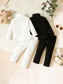 SHEIN Baby Girl Baby Boy White High Neck Ribbed Thick Elastic Pullover Top Casual Versatile Base Layer Long Pants Set Suitable For Winter - White - View 2