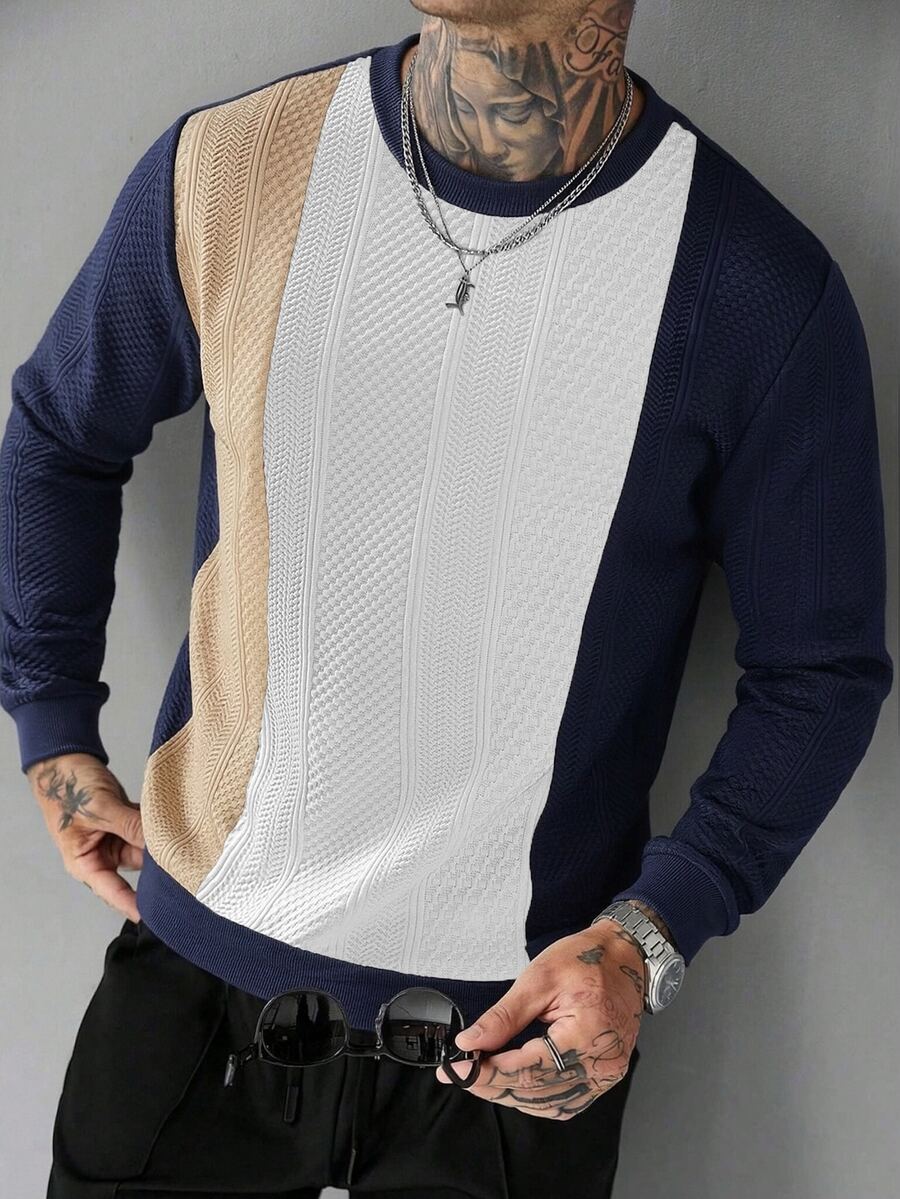 EGENSIO Men's Colorblock Crew Neck Long Sleeve Casual Pullover Sweatshirt - Navy Blue - View 1