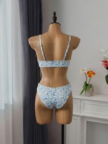 SHEIN Swim Women's Swimwear Set, Random Ribbed Print Bikini 2-Piece, Beach Holiday Casual Sexy Swimwear For Pool Party - Blue - View 4