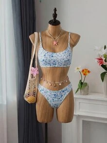 SHEIN Swim Women's Swimwear Set, Random Ribbed Print Bikini 2-Piece, Beach Holiday Casual Sexy Swimwear For Pool Party - Blue - View 2