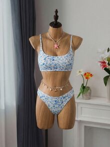 SHEIN Swim Women's Swimwear Set, Random Ribbed Print Bikini 2-Piece, Beach Holiday Casual Sexy Swimwear For Pool Party - Blue - View 3
