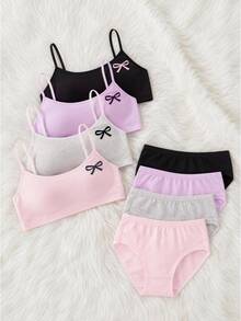 3 Sets Tween Girl Cotton Solid Color Textured Fabric Pink Purple Grey Nude Black White Simple Sweet Basic Style Traceable Cotton Camisole Triangle Set - Multicolor - View 2