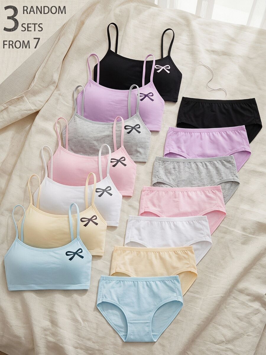 3 Sets Tween Girl Cotton Solid Color Textured Fabric Pink Purple Grey Nude Black White Simple Sweet Basic Style Traceable Cotton Camisole Triangle Set - Multicolor - View 1