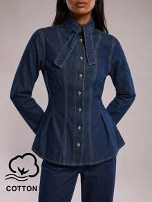 SHEIN BAE Women's Long Sleeve Single-Breasted Denim Shirt With Tie Neckline Design Going Out Tops - Dark Wash - View 9