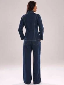 SHEIN BAE Women's Long Sleeve Single-Breasted Denim Shirt With Tie Neckline Design Going Out Tops - Dark Wash - View 11