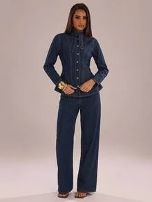SHEIN BAE Women's Long Sleeve Single-Breasted Denim Shirt With Tie Neckline Design Going Out Tops - Dark Wash - View 8