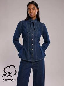 SHEIN BAE Women's Long Sleeve Single-Breasted Denim Shirt With Tie Neckline Design Going Out Tops - Dark Wash - View 10