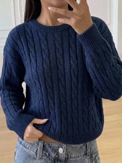 1 buc. pulover damă vintage tricotat cu model împletit, bleumarin, cu guler rotund, scurt, casual, versatil, cu umeri lăsați, mânecă lungă, stil college, grosime regulară, tiv îngrijit, manșete strânse, textură delicată, culoare uni, potrivit pentru purtare zilnică, școală, cumpărături, activități în aer liber, întâlniri etc., toamnă/iarnă