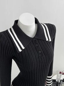 LUMIGAL Women's Autumn/Winter Casual Preppy Slim Fit Polo Collar Pullover Sweater Everyday School Black And White - Multicolor - View 1