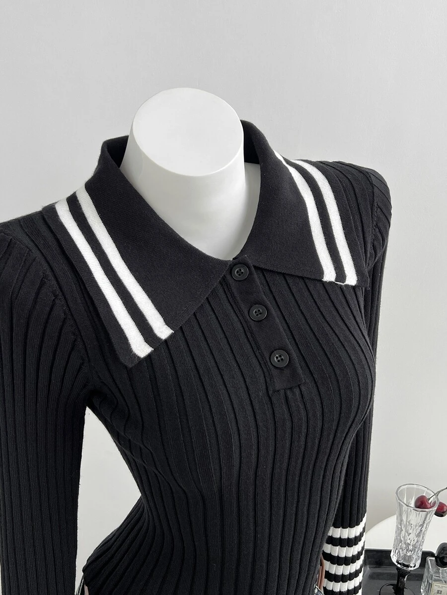 LUMIGAL Women's Autumn/Winter Casual Preppy Slim Fit Polo Collar Pullover Sweater Everyday School Black And White - Multicolor - View 1