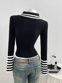 LUMIGAL Women's Autumn/Winter Casual Preppy Slim Fit Polo Collar Pullover Sweater Everyday School Black And White - Multicolor - View 2